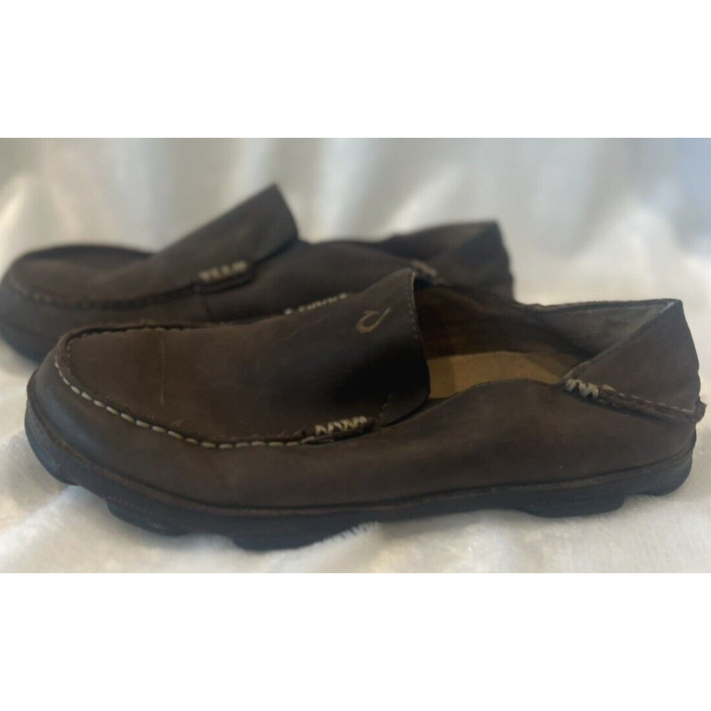 OLUKAI Mens Moloa Shoes 8.5 Slip On Loafers Leather Dark Wood Comfort Casual - Picture 9 of 10